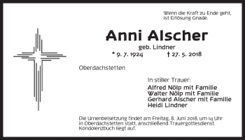 Traueranzeige von Anni Alscher von Ansbach