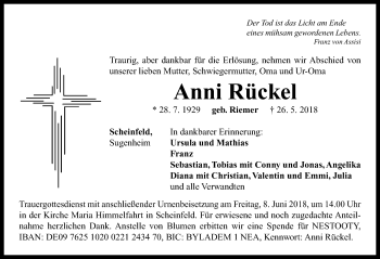 Traueranzeige von Anni Rückel von Neustadt/ Scheinfeld/ Uffenheim