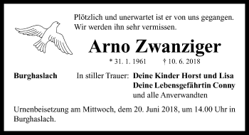 Traueranzeige von Arno Zwanziger von Neustadt/ Scheinfeld/ Uffenheim