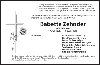 Traueranzeige von Babette Zehnder von Ansbach