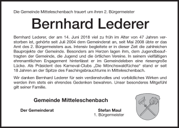 Traueranzeige von Bernhard Lederer von Ansbach