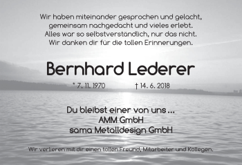 Traueranzeige von Bernhard Lederer von Ansbach