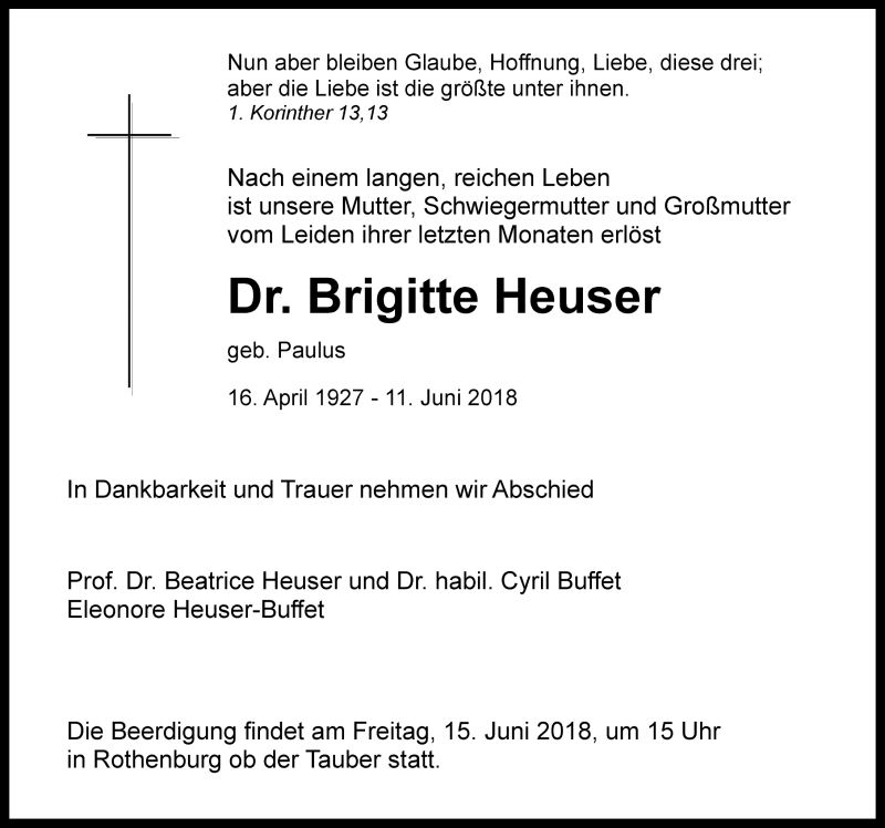  Traueranzeige für Brigitte Heuser vom 14.06.2018 aus Rothenburg