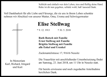 Traueranzeige von Elise Stellwag von Rothenburg