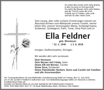 Traueranzeige von Ella Feldner von Dinkelsbühl/ Feuchtwangen