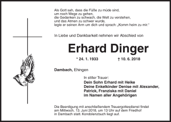 Traueranzeige von Erhard Dinger von Dinkelsbühl/ Feuchtwangen