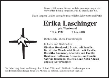 Traueranzeige von Erika Laschinger von Dinkelsbühl/ Feuchtwangen