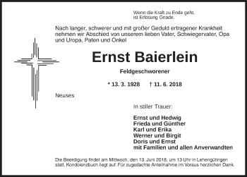 Traueranzeige von Ernst Baierlein von Dinkelsbühl/ Feuchtwangen