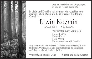 Traueranzeige von Erwin Kozmin von Ansbach