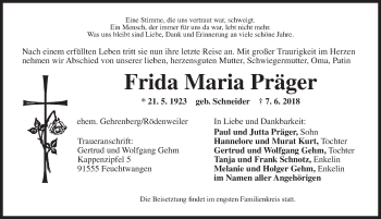 Traueranzeige von Frida Maria Präger von Dinkelsbühl/ Feuchtwangen