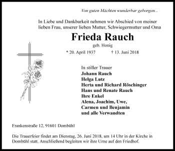 Traueranzeige von Frieda Rauch von Rothenburg