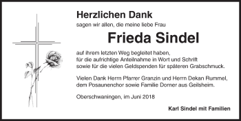 Traueranzeige von Frieda Sindel von Dinkelsbuhl/ Feuchtwangen