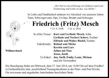 Traueranzeige von Friedrich  Mesch von Neustadt/ Scheinfeld/ Uffenheim