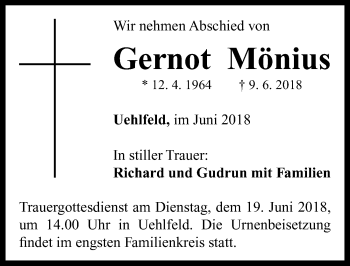 Traueranzeige von Gernot Mönius von Neustadt/ Scheinfeld/ Uffenheim