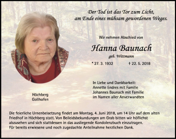 Traueranzeige von Hanna Baunach von Neustadt/ Scheinfeld/ Uffenheim