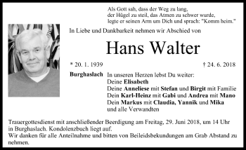 Traueranzeige von Hans Walter von Neustadt/ Scheinfeld/ Uffenheim