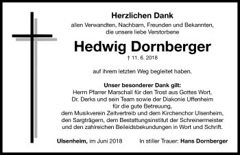 Traueranzeige von Hedwig Dornberger von Neustadt/ Scheinfeld/ Uffenheim