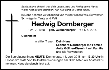 Traueranzeige von Hedwig Dornberger von Neustadt/ Scheinfeld/ Uffenheim