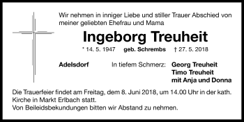 Traueranzeige von Ingeborg Treuheit von Neustadt/ Scheinfeld/ Uffenheim