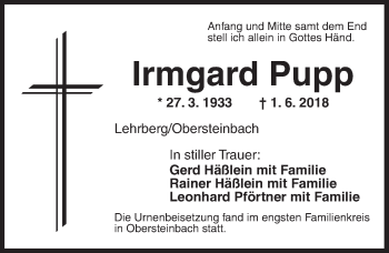 Traueranzeige von Irmgard Pupp von Ansbach