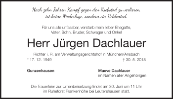 Traueranzeige von Jürgen Dachlauer von Ansbach