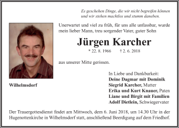 Traueranzeige von Jürgen Karcher von Neustadt/ Scheinfeld/ Uffenheim