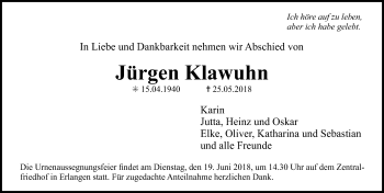 Traueranzeige von Jürgen Klawuhn von Neustadt/ Scheinfeld/ Uffenheim