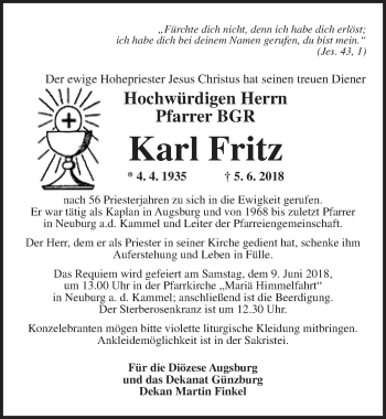 Traueranzeige von Karl Fritz von Dinkelsbuhl/ Feuchtwangen