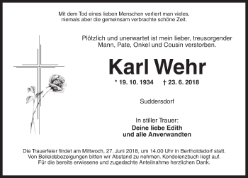 Traueranzeige von Karl Wehr von Ansbach