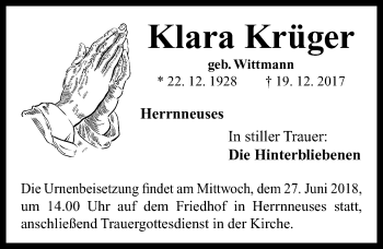 Traueranzeige von Klara Krüger von Neustadt/ Scheinfeld/ Uffenheim