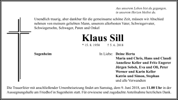 Traueranzeige von Klaus Sill von Neustadt/ Scheinfeld/ Uffenheim