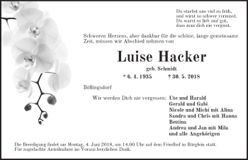 Traueranzeige von Luise Hacker von Ansbach