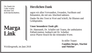 Traueranzeige von Marga Link von Ansbach