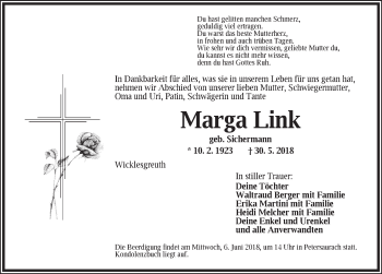 Traueranzeige von Marga Link von Ansbach