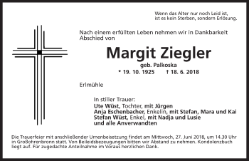 Traueranzeige von Margit Ziegler von Dinkelsbühl/ Feuchtwangen