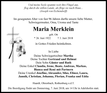 Traueranzeige von Maria Merklein von Rothenburg