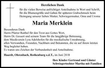 Traueranzeige von Maria Merklein von Rothenburg