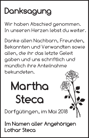 Traueranzeige von Martha Steca von Dinkelsbühl/ Feuchtwangen