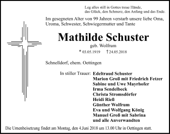 Traueranzeige von Mathilde Schuster von Dinkelsbühl/ Feuchtwangen