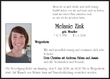 Traueranzeige von Melanie Zink von Neustadt/ Scheinfeld/ Uffenheim