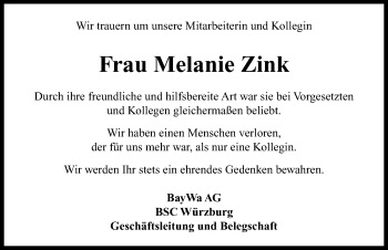 Traueranzeige von Melanie Zink von Neustadt/ Scheinfeld/ Uffenheim