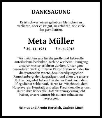 Traueranzeige von Meta Müller von Neustadt/ Scheinfeld/ Uffenheim