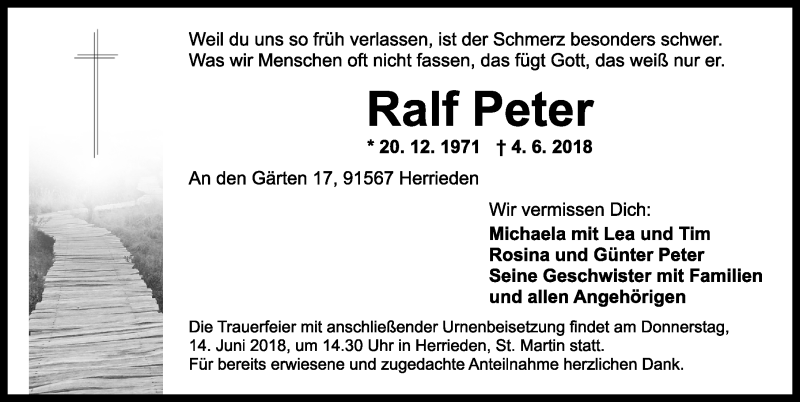  Traueranzeige für Ralf Peter vom 13.06.2018 aus Ansbach
