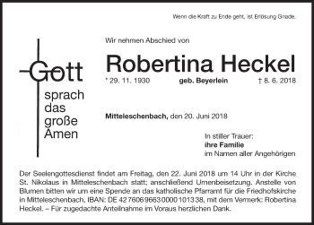 Traueranzeige von Robertina Heckel von Ansbach