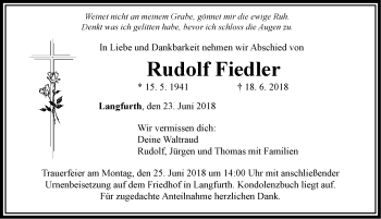 Traueranzeige von Rudolf Fiedler von Dinkelsbühl/ Feuchtwangen