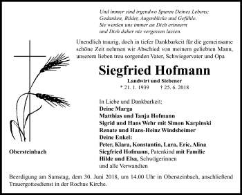 Traueranzeige von Siegfried Hofmann von Neustadt/ Scheinfeld/ Uffenheim