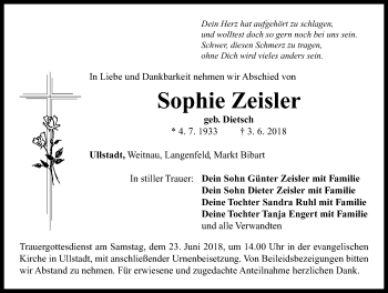 Traueranzeige von Sophie Zeisler von Neustadt/ Scheinfeld/ Uffenheim