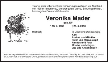 Traueranzeige von Veronika Mader von Ansbach