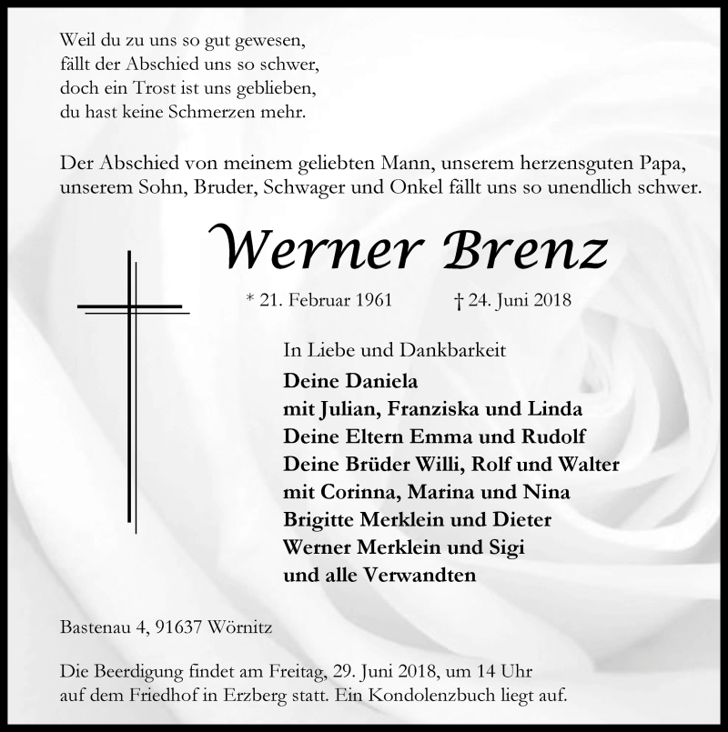  Traueranzeige für Werner Brenz vom 27.06.2018 aus Rothenburg