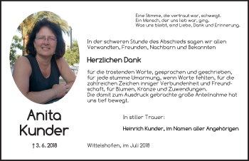 Traueranzeige von Anita Kunder von Dinkelsbuhl/ Feuchtwangen